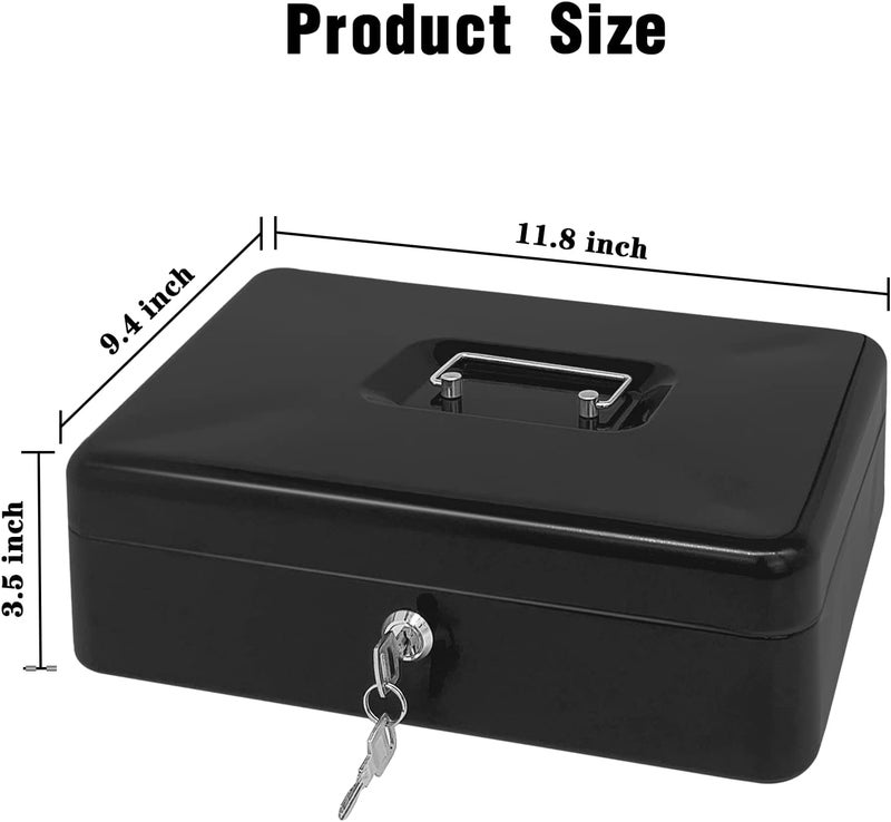 PACOLO Steel Cash Box with Key Lock, Metal Small Money Organizer with Money Tray,Cash Storage Box with Lockable Cover (Black - 12 inch) - Image 2